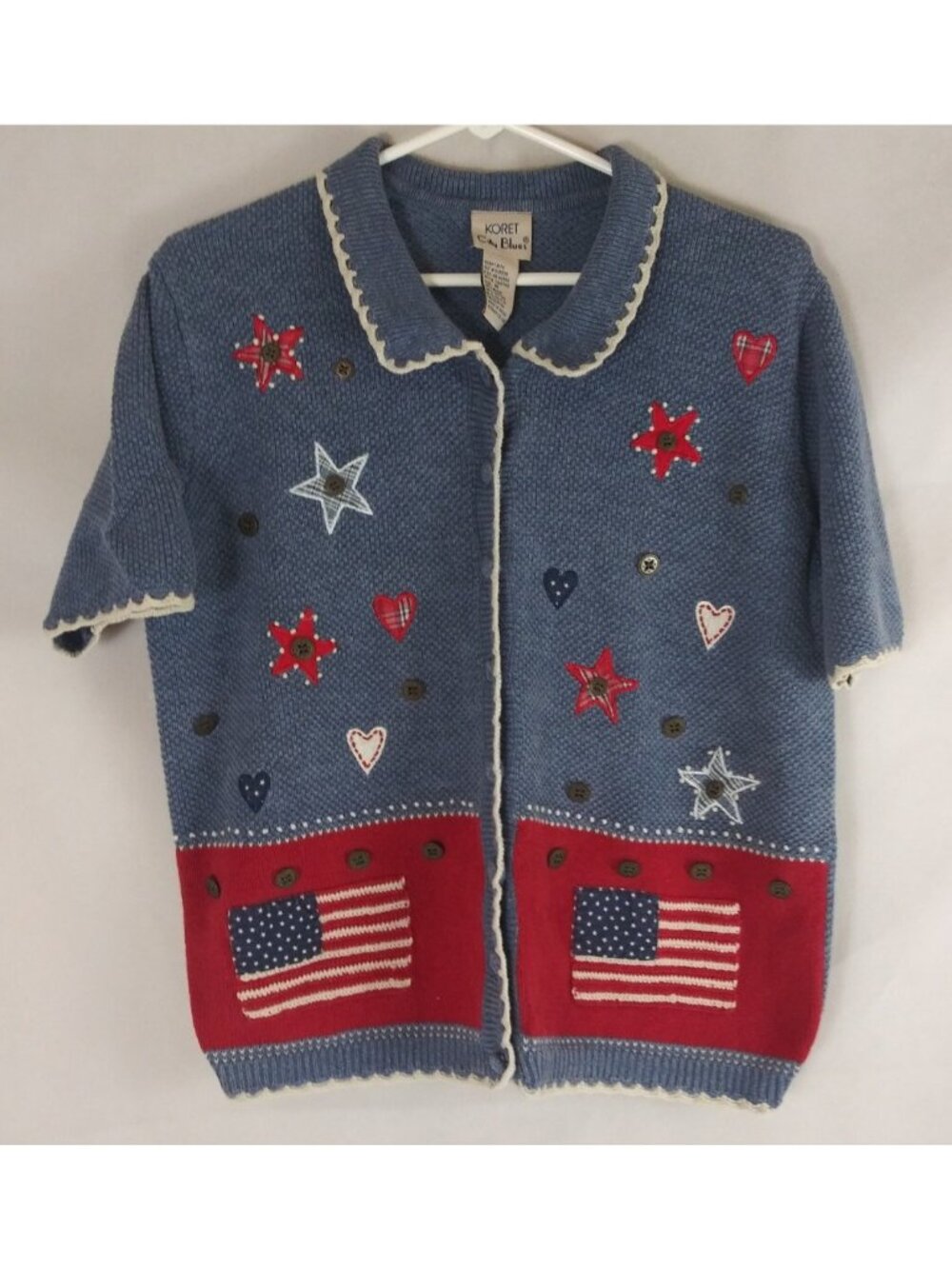 Koret City Blues Patriotic Embroidered Short Sleeve Cardigan Sweater Size Medium